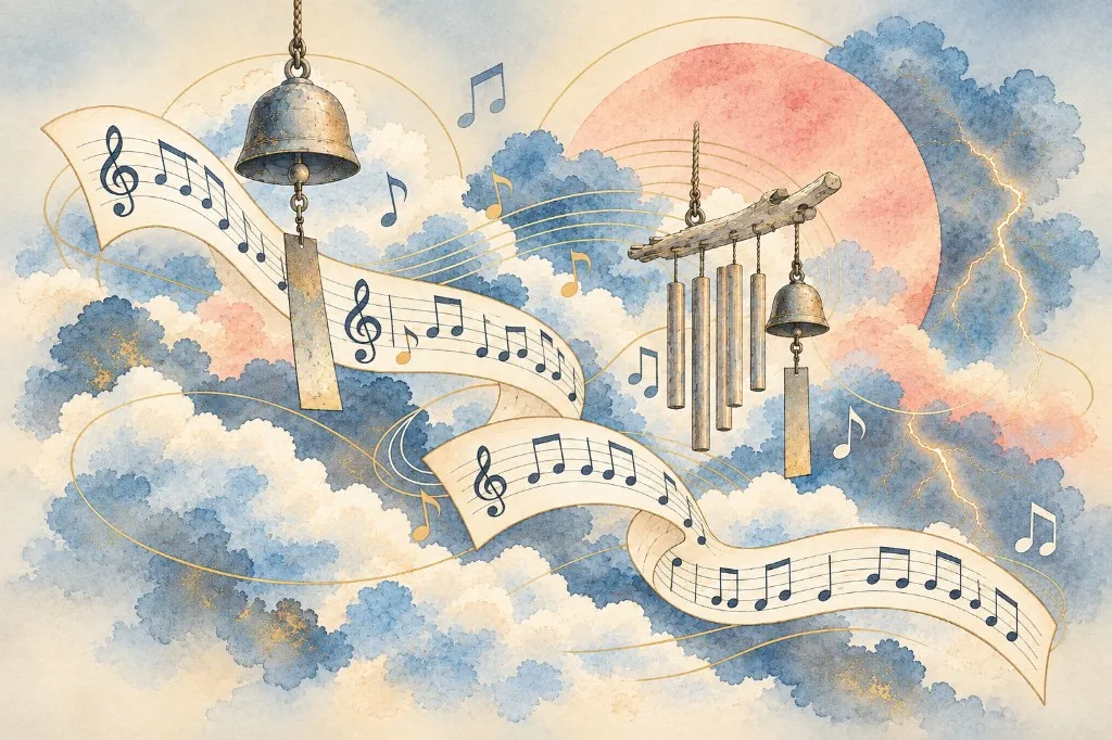 Watercolour bells, wind chimes and flowing musical staves moving through blue and pink storm clouds.