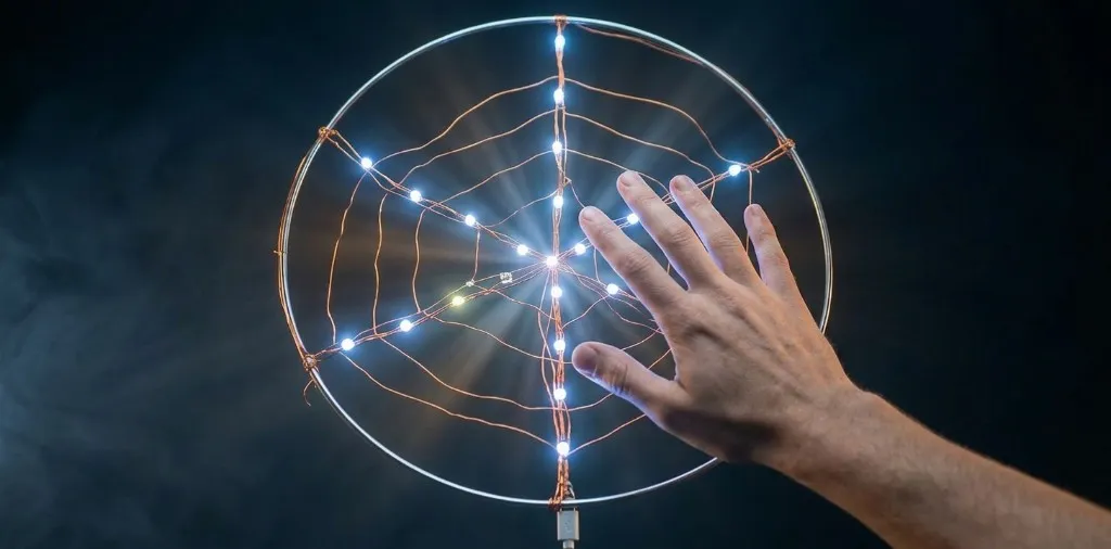 A hand reaching towards a circular copper-wire web strung with glowing white LEDs, against a dark background.